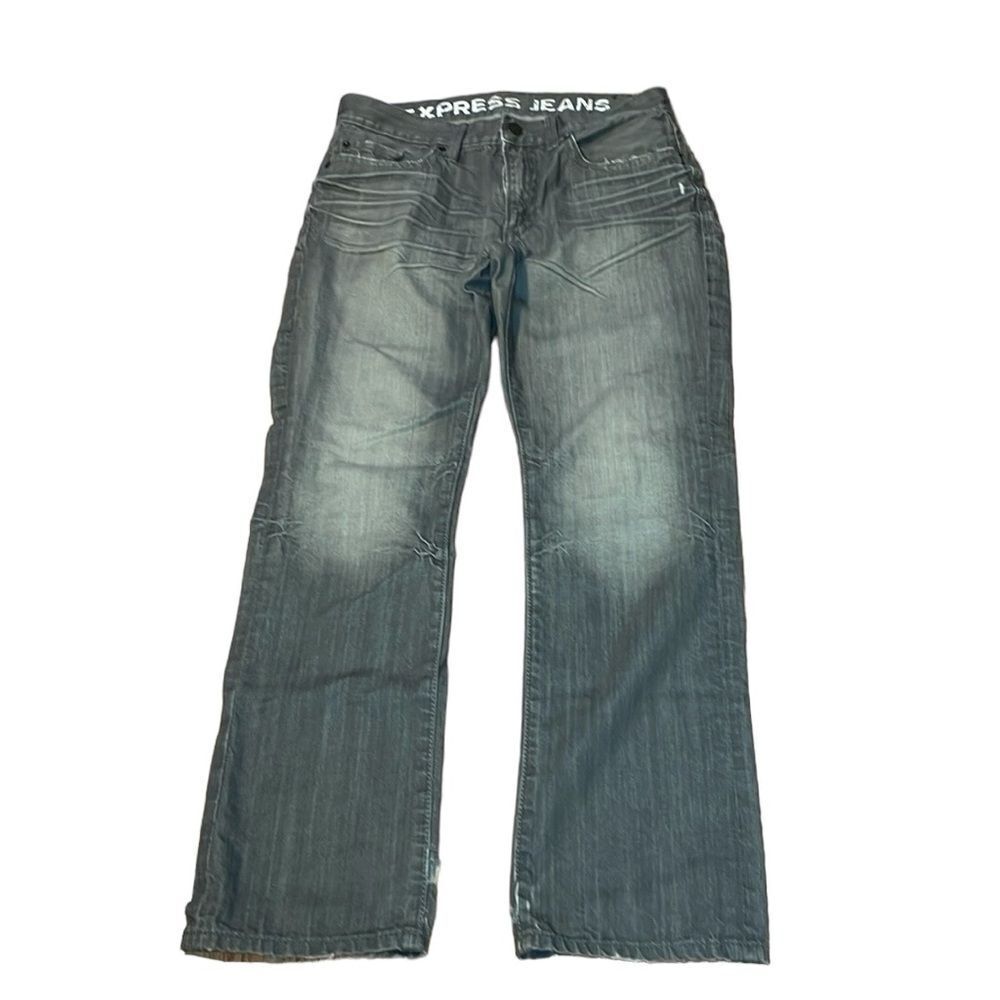 Men’s Express Slim Grey Jeans Low rise straight leg Rocco, Y2K distressed, 32x30
